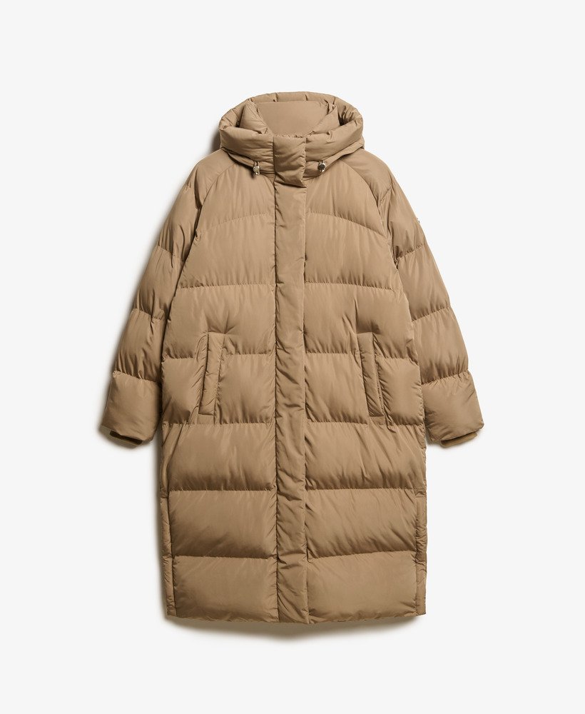 Superdry Longline Hooded Duvet Coat Fossil Brown